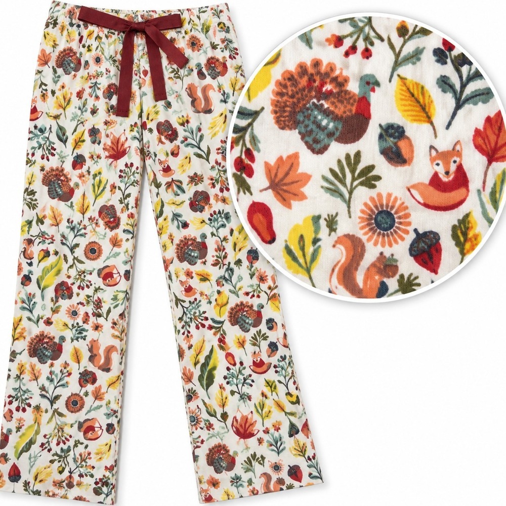 Lands End Womens L 14-16 Pajama Pants Thanksgiving Turkey Fox Fall Woodland